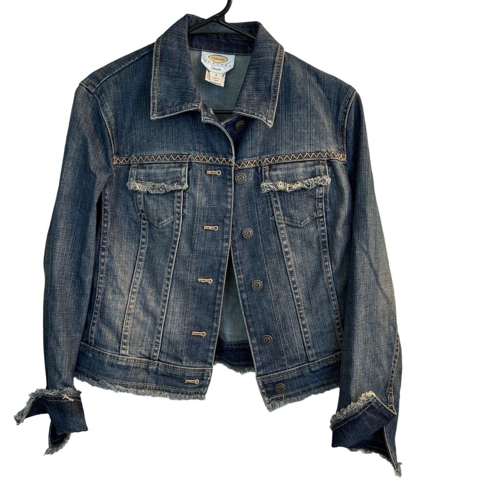 Talbots Jacket Women's Blue Denim Fray Pocket‎ Design Button Down Jean Sz 8